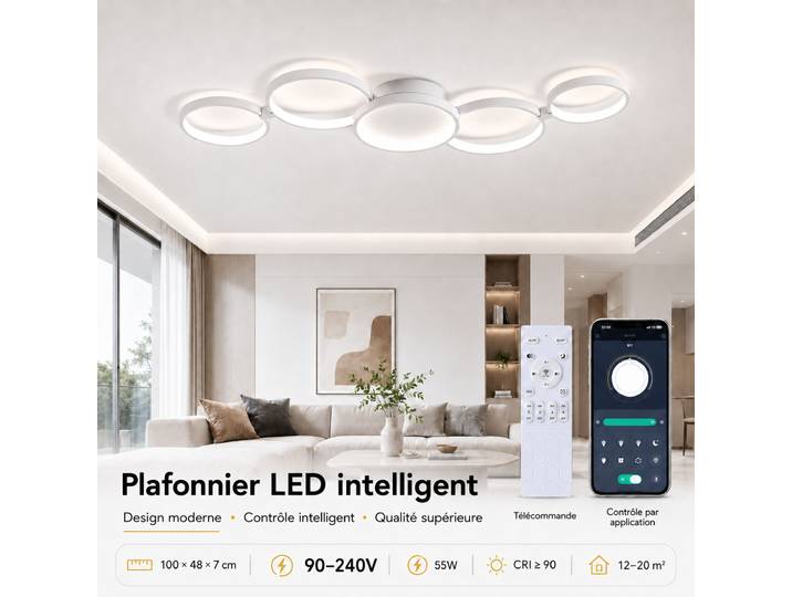 Plafonnier LED moderne de style nordique, 110V 220V, télécommande APP, 3 couleurs, intensité réglable
