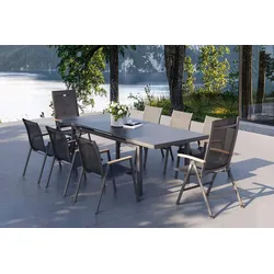 HARTMAN Aruba Teak Garten-Essgruppe, xerix, Alu/Textilene, Tisch 180/240x100cm, 6 Stapel-, 2 Klappstühle