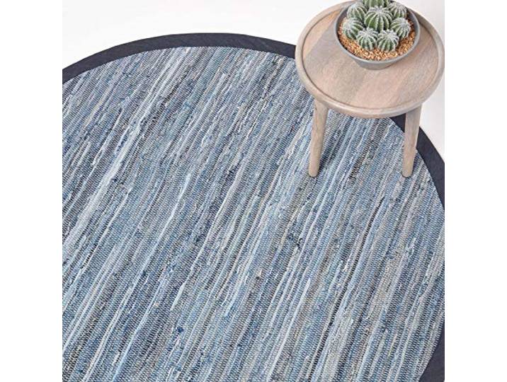Homescapes Denim-Teppich rund 150 cm, blau gestreifter Flickenteppich handgewebt aus recyceltem Jeansstoff, Chindi-Stil, Flachgewebe, jedes Exemplar EIN Unikat