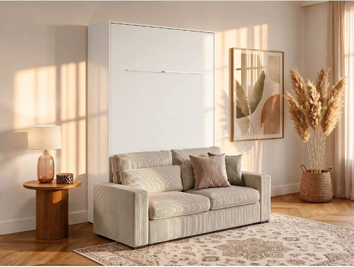 Schrankbett + Sofa - 160 x 200 cm - Manuelle vertikale Öffnung - Mit LED-Beleuchtung - Weiß - RAPILI