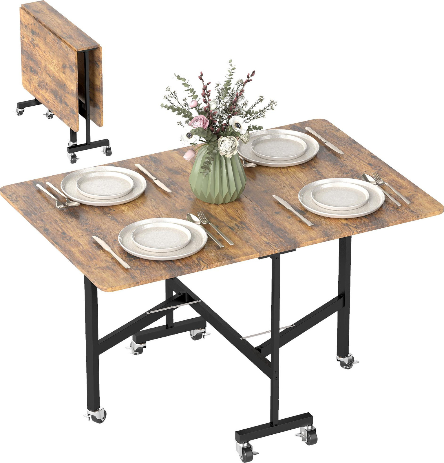 HOMCOM Inklapbare eettafel met wielen voor 4-6 personen, rechthoekig