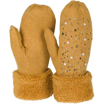 Fäustlinge STYLEBREAKER "Strickhandschuhe Fäustlinge mit Strass und Perlen", Damen, gelb (curry), 65% Polyacryl PAN. 35% Wolle WO., Modisch, Handschuhe Fäustlinge