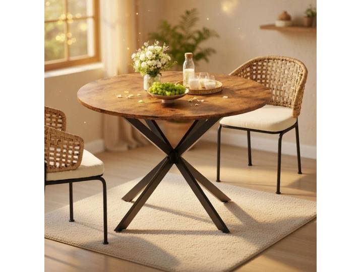 CollaHausse Table Manger Ronde Industrielle Ø120cm Pieds X Vintage Marron Noir
