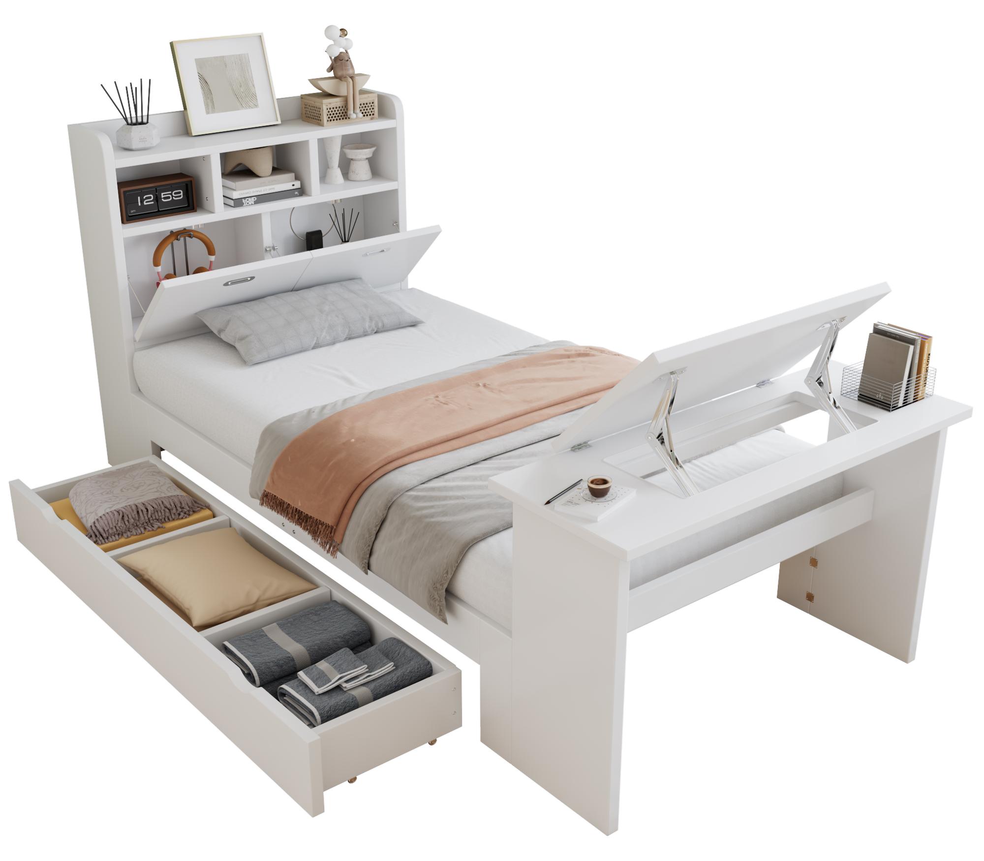 Kinderbett mit Stauraum und Klapptisch, mit Lattenrost, Regal, Schrank, Schubladen und Klapptisch, Holzbett, Stauraumbett, Einzelbett, 90x200 cm