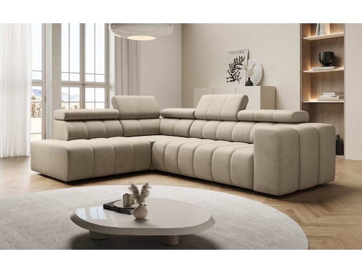 Designer Ecksofa Aurora mit elektrischer Schlaffunktion - Beige - Rechts - Samt - Luxusbetten24