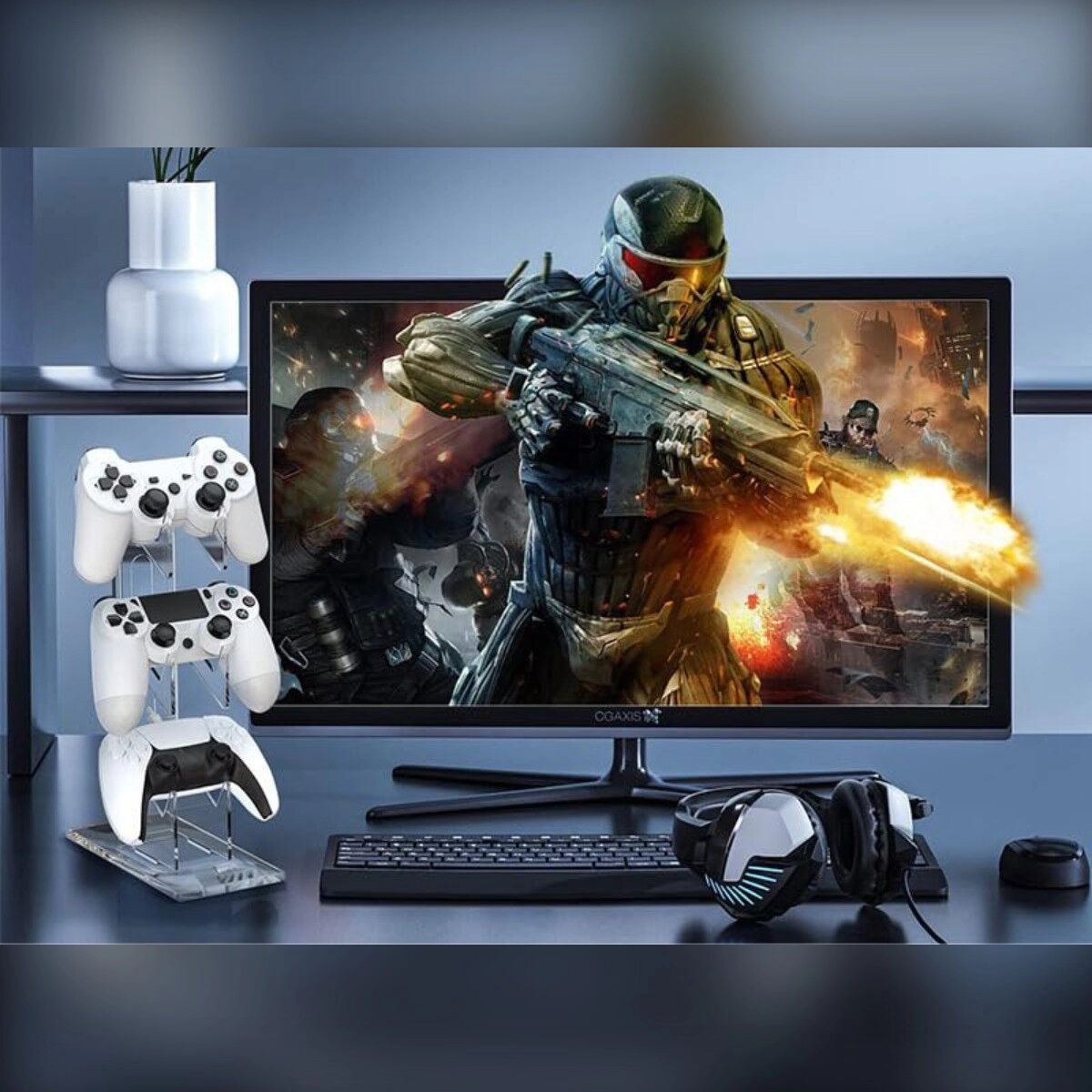 INF Zweistufiger Acryl-Gaming-Controllerständer mit Headsethalter, kompatibel mit PS4- und PS5-Controllern