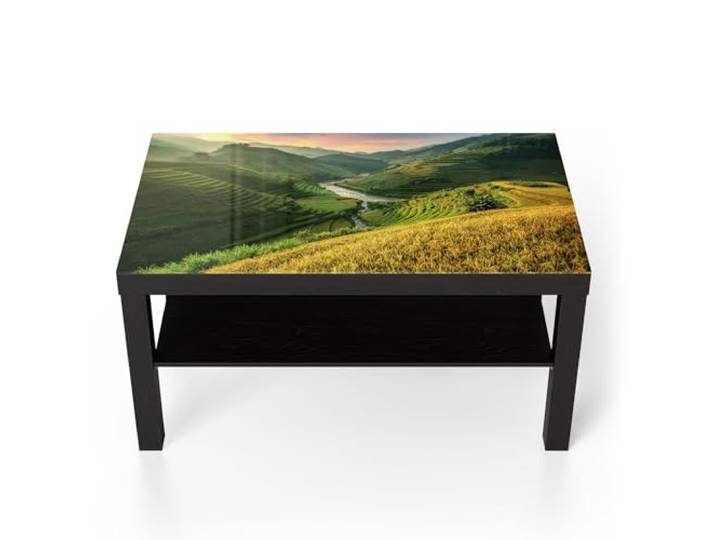 DEQORI Glastisch schwarz groß 90x50 cm Motiv Glänzende Terrassenfelder ausgefallener Beistelltisch aus Glas Hochglanz Couchtisch fürs Wohnzimmer moderner Couch Tisch mit Design