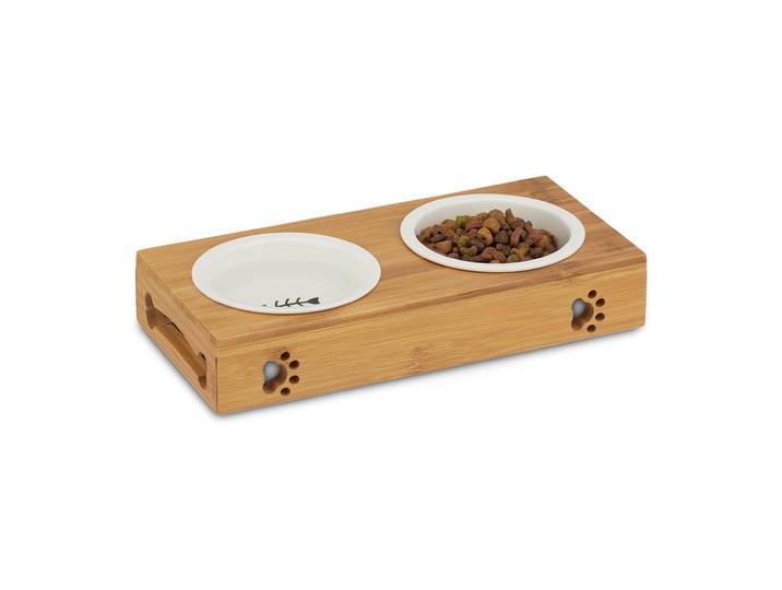 Futternapf mit zwei Schalen, Futterstation mit Bambusständer, 5,5 x 29,5 x 14 cm