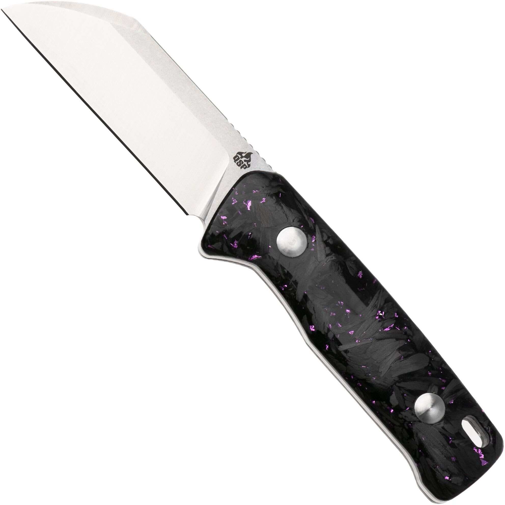 QSP Knife Baby Penguin QS130BP-E1 Stonewashed Satin 14C28N Purple Shredded Carbon Fiber, coltello fisso