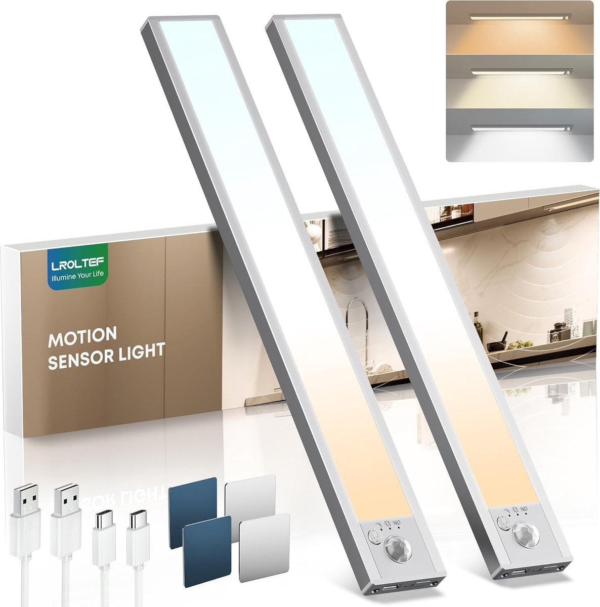 Set van 2 oplaadbare dimbare LED keukenverlichting met bewegingssensor voor keukenkasten en trappen, 30 cm