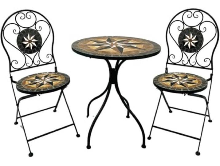 Wohnando Bistroset Casper - Mosaiktisch mit 2 Klappstühlen, Balkonmöbel Mediterranes Mosaik-Design, wetterfester Metallrahmen, klappbar & platzsparend – ideal für Balkon, Terrasse & Camping