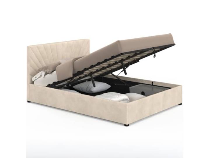 IDMarket - Sunlight-Doppelbett mit Stauraum, gepolstertem Kopfteil und Lattenrost, 140 x 190 cm, beige Samt