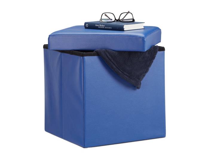 Relaxdays Sitzhocker Blau faltbar Kunstleder Stauraum 40 L, Holzwerkstoff, Kunststoff, Textil, 38x38x38 cm, Wohnzimmer, Sessel, Hocker, Sitzhocker