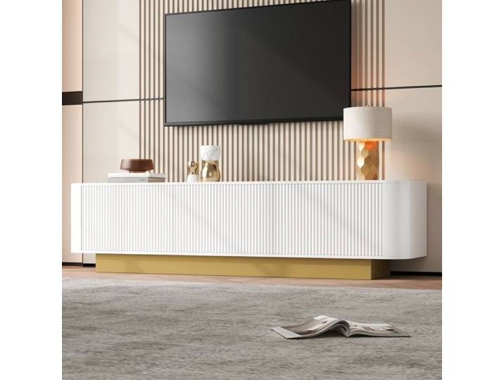 Meuble TV bas moderne avec rangement et passe-câbles design arrondi façade texturée console TV salon élégante
