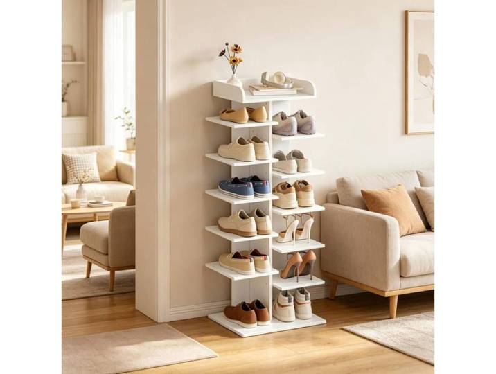 Meuble à chaussures vertical blanc en panneaux de particules E1 12 compartiments H 114 cm