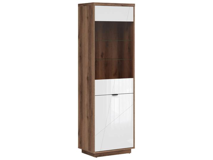 Vitrine, Braun & Weiß Hochglanz, 64x200,5x42,5 cm, Holzwerkstoff, 3 Fächer, Esszimmer