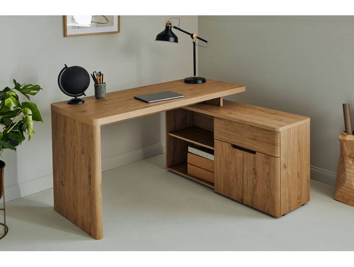 Eckschreibtisch JAHNKE CU-LIBRE 150 E , braun (montana eiche, montana eiche, montana eiche), B:140cm H:77cm T:117,5cm, Tische, Eckschreibtisch, wechselseitig montierbar