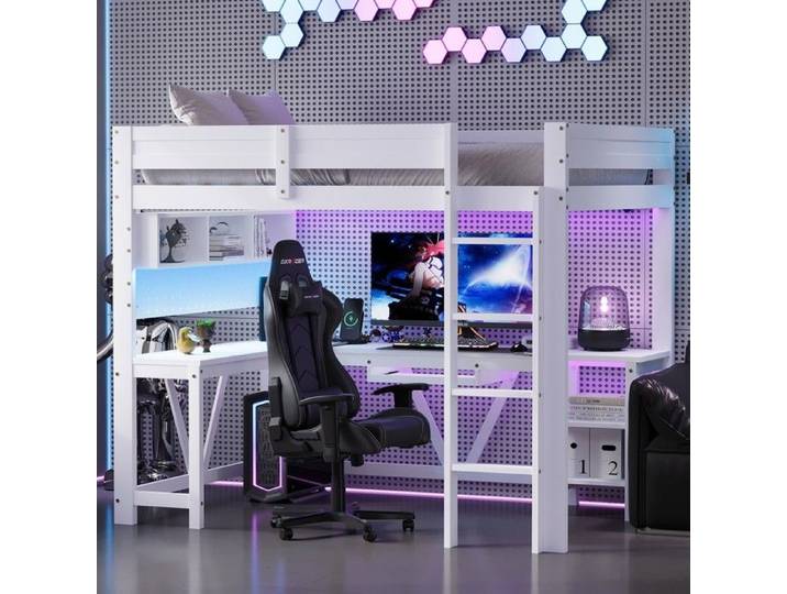 Lit superposé gaming- Xylo- en bois avec bureau avec étagères de rangement avec éclairage LED- 90x200cm