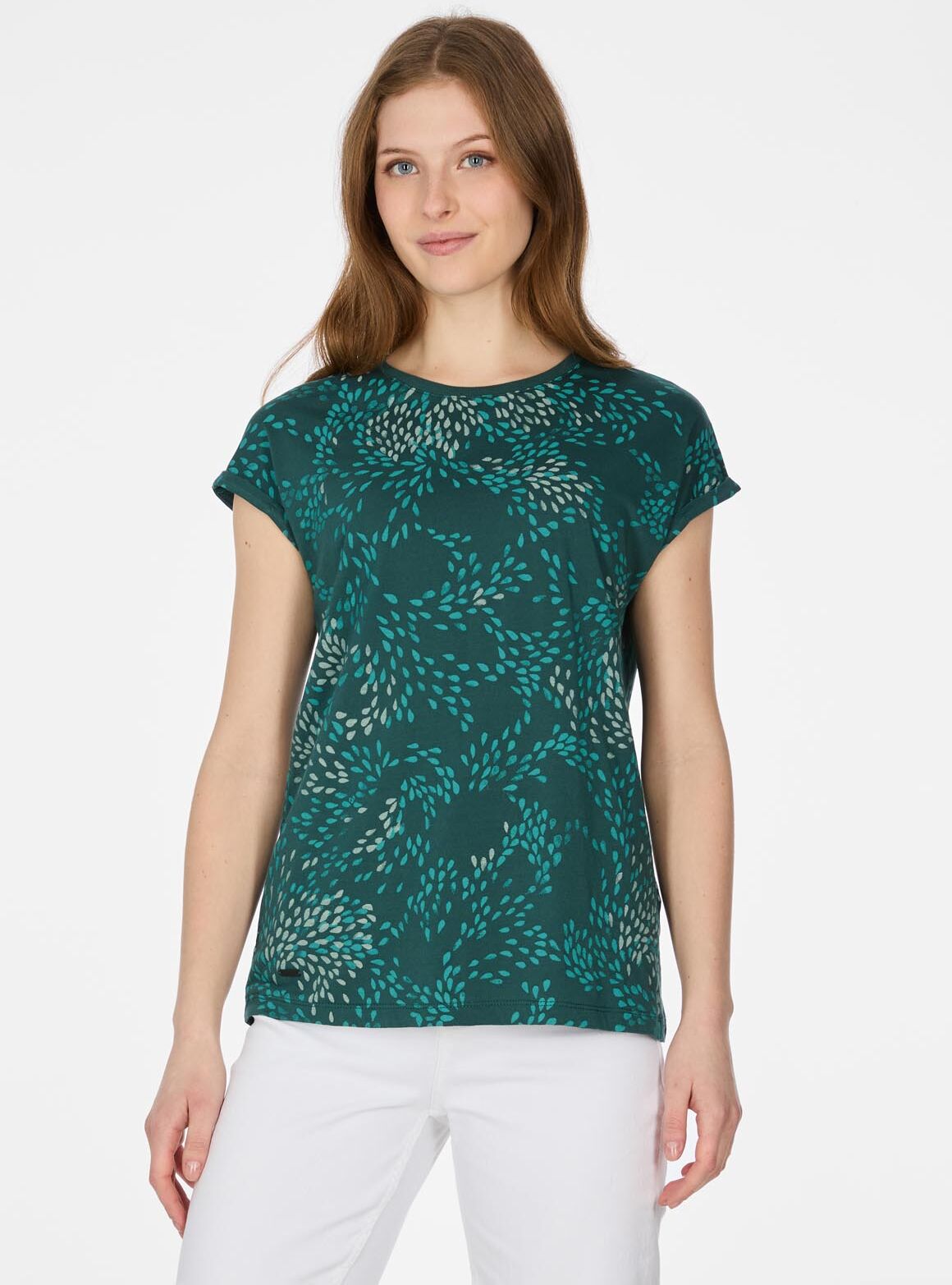 Kurzarmshirt RAGWEAR "DIONA PRINT", Damen, Gr. XL, dunkelgrün, Jersey, Obermaterial: 50% Baumwolle, 50% Modal, bedruckt, normal, Rundhals, Shirts Kurzarmshirt, T-Shirt mit buntem Allover-Print dunkelgrün XL
