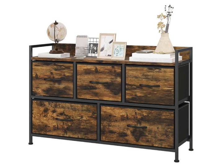 Commode en tissu Logidon 5 tiroirs structure en acier marron rustique