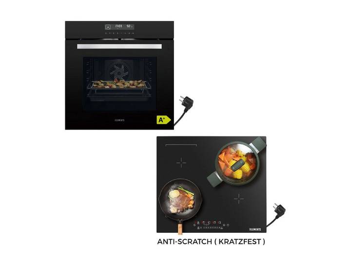 KB Elements Induktions Herd-Set KB ELEMENTS Herdset Backofen 60cm, Kratzfestes Induktionskochfeld 60cm, mit 2-fach-Teleskopauszug, AQUA CLEAN, Backofen Full Touch mit 15 Funktionen, Kratzfestes Induktionskochfeld