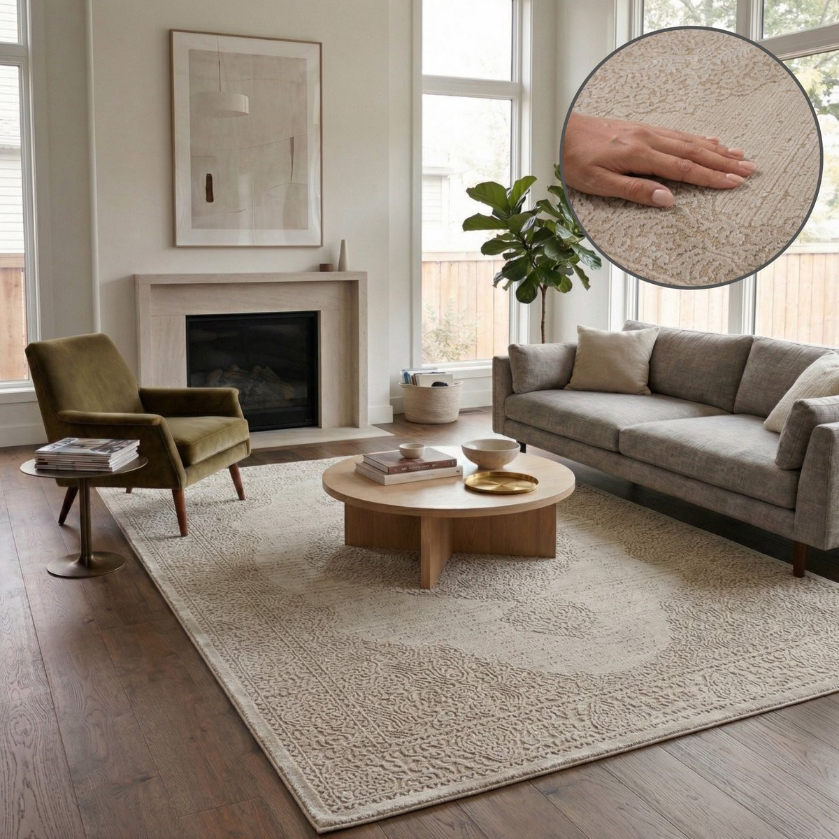 Oz Home Elyse Vloerkleed Taupe - Modern Medaillon - 200 x 290 cm - Laagpolig - Polyester en Polypropyleen met Jute Rug