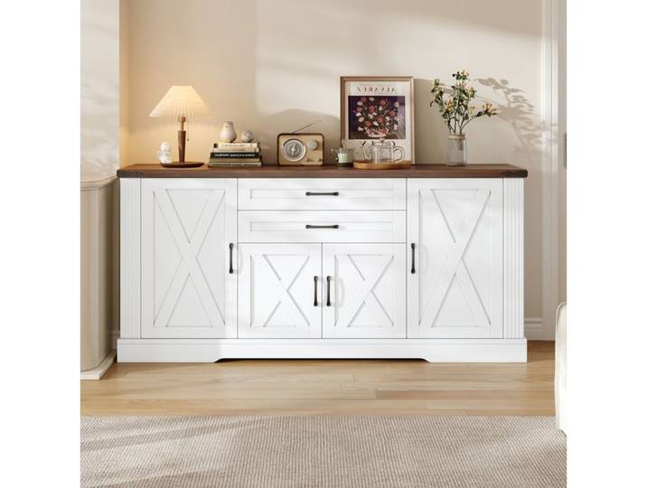 MEUBLIV Buffet bas 160 cm blanc avec plateau effet bois 4 portes 2 tiroirs MDF et panneaux de particules