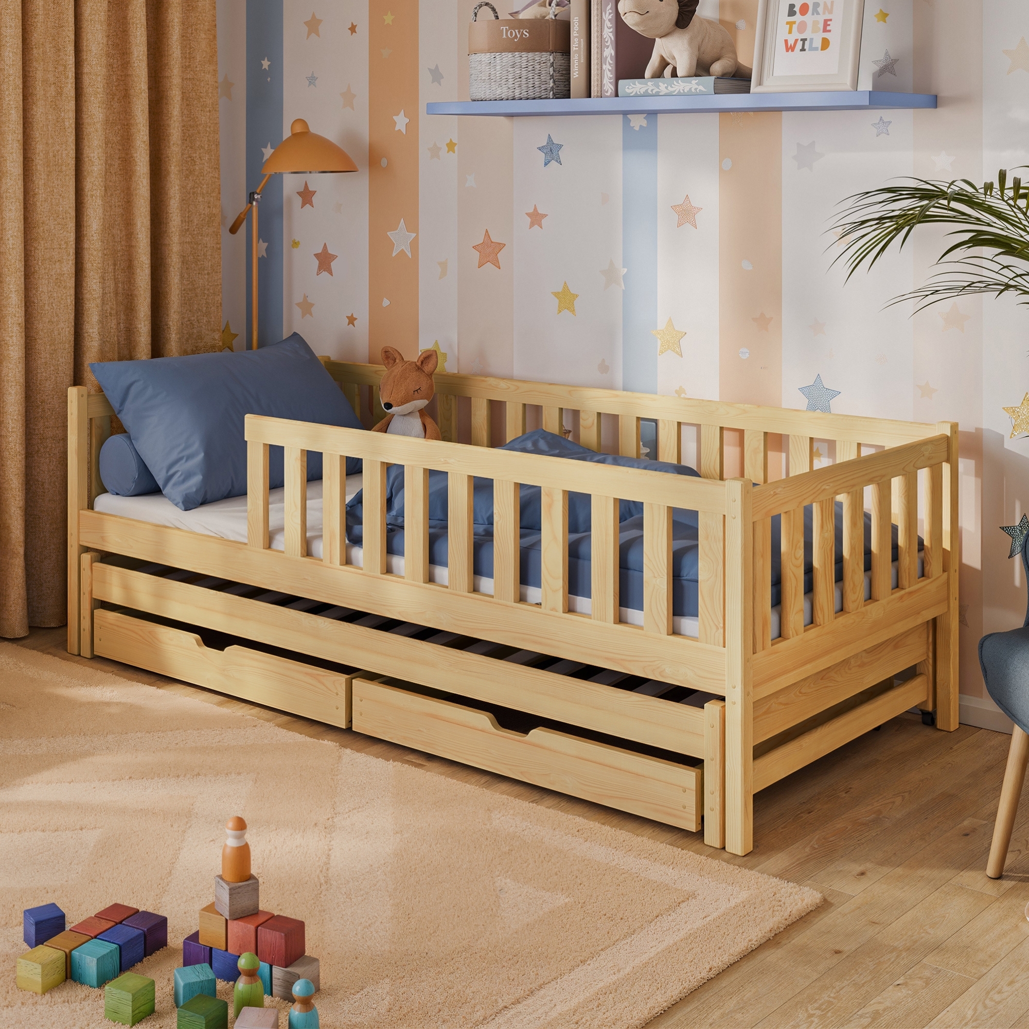 Kinderbett mit Ausziehbett und zwei Schubladen, Rausfallschutz und Lattenrost, Kinder Bett | weitere Größen: 80x160, 80x180, 90x200cm | 90x190cm: von 4. bis 13. Lebensjahr, Natur