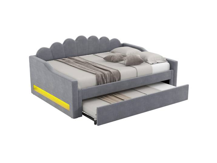 Okmyhome Polsterbett 140/200 cm Grau aus MDF mit Ausziehbett, Rechteckig, 140x200 cm, Schlafzimmer, Betten, Polsterbetten