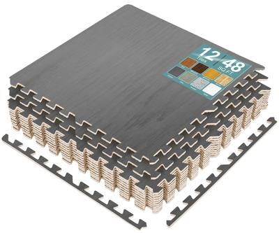 Sorbus Interlocking Floor Mat - Gray Wood Print, 12 Pieces and Borders
