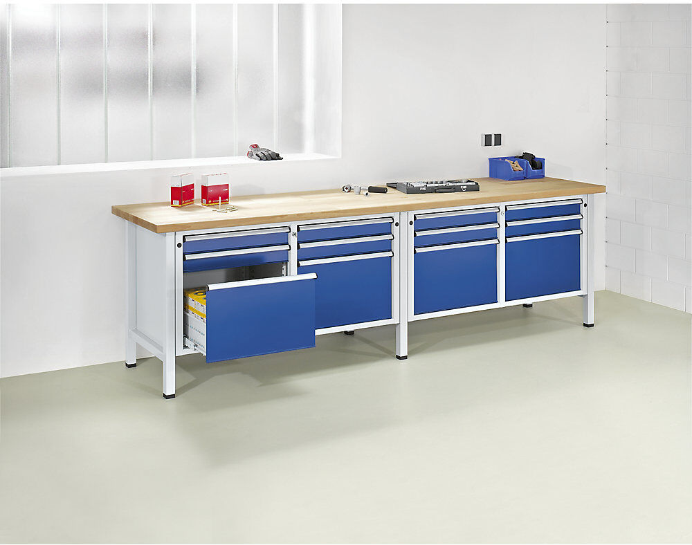 Werkbank Breite 2800 mm, Gestellbauweise, 4 Türen, 4 Schubladen, Buchemassivplatte ANKE