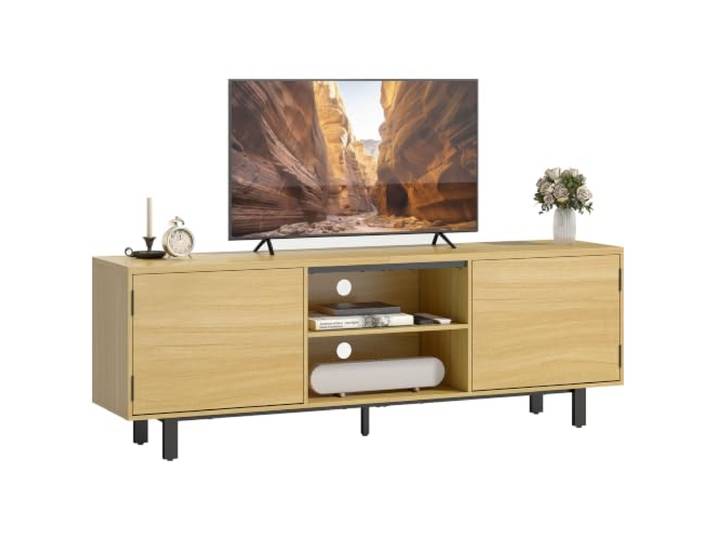HOMCOM TV-Ständer 160cm für 65 TV, Metall, Naturholz 2 Türen mit Push-to-Open, TV-Ständer, 2 offene Regale, TV-Bank, Wohnzimmer, Schlafzimmer