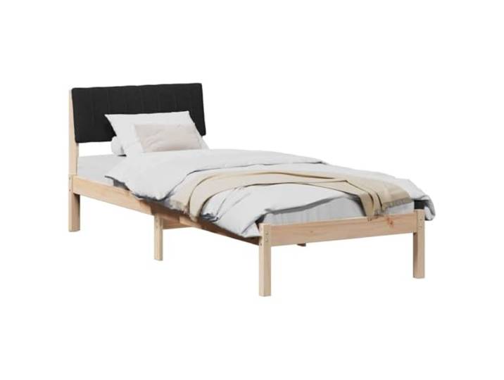 KTHLBRH Bettgestell aus Kiefernholz mit Kopfteil, Braun und Schwarz Fester Lattenrost, gepolstertes Kopfteil aus Polyester, modernes Design, einfach zu montieren