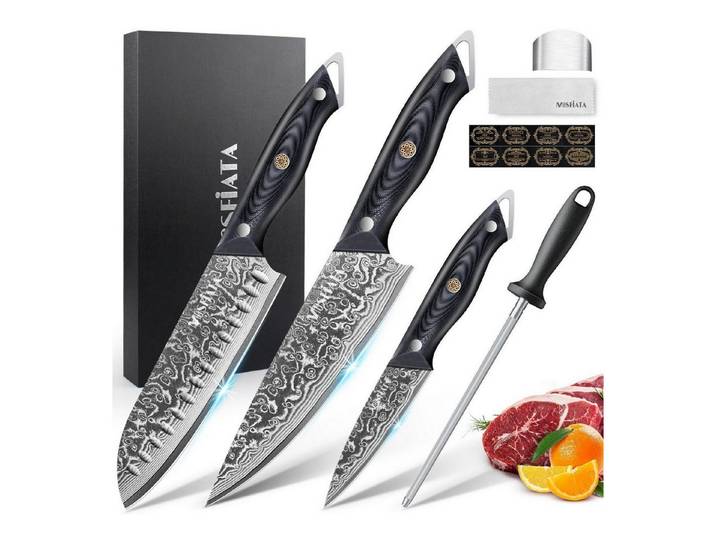 LuxusKollektion Messer-Set Damast Küchenmesser Set 3-tlg mit Wetzstahl