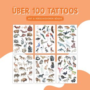 Papierdrachen Temporäre-Tattoos B005-001-026, farbig, Tiere der Welt, 6 Blatt A6, 100 Tattoos