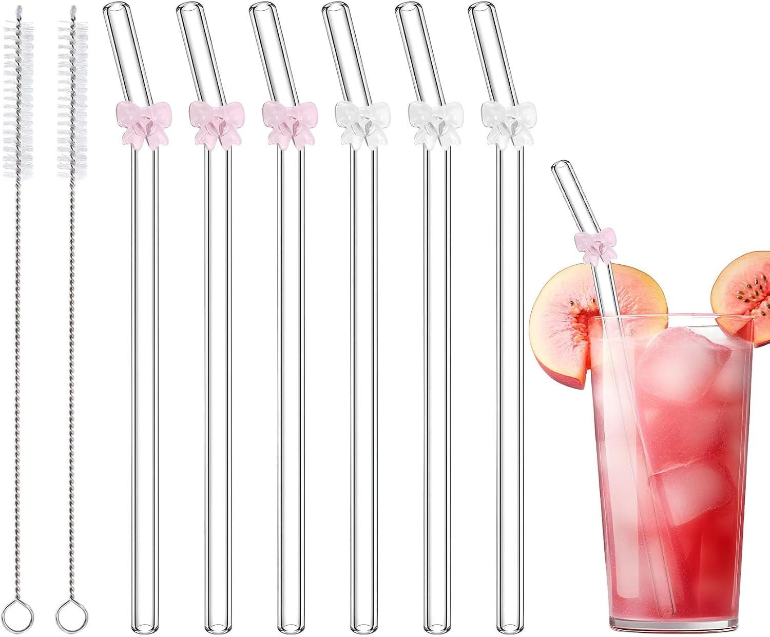 oCreon Set van 6 herbruikbare glazen rietjes met strik