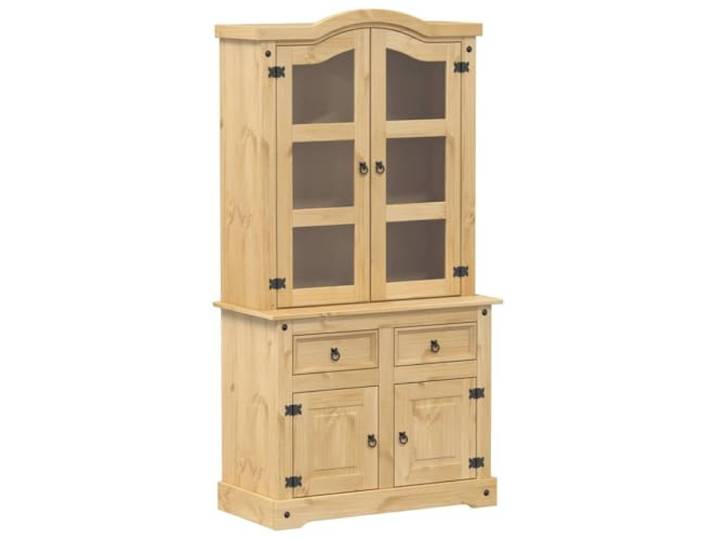 GHVBNMF Vitrine Corona 100x48,5x179 cm Kiefer Massivholz Schrank Rustikaler Landhausstil fuer Esszimmer und Wohnbereich mit Glastueren und edlen Metallgriffen im Honigwachs-Design.