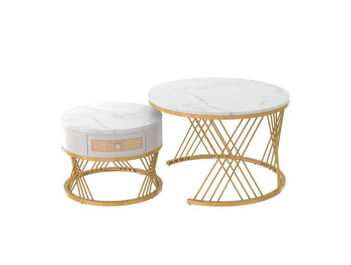 HAUSS SPOLE Couchtisch Couchtisch Satztische Satz rund Kaffeetisch 2er Set (Sturmbare Struktur Für Stabilität Und Haltbarkeit Einfach Zu Montieren), Satz von 2, Goldene Farbe Frame