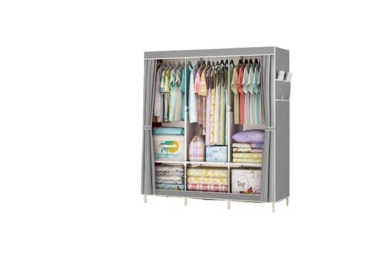 WWPMNQD Tragbarer Kleiderschrank Staubdichter Kleiderschrank aus Stoff Stabiler tragbarer Schrank aus verzinktem Stahlrohr mit 6 Ablagefächern for die Vermietung von Schlafsälen(Silver grey)