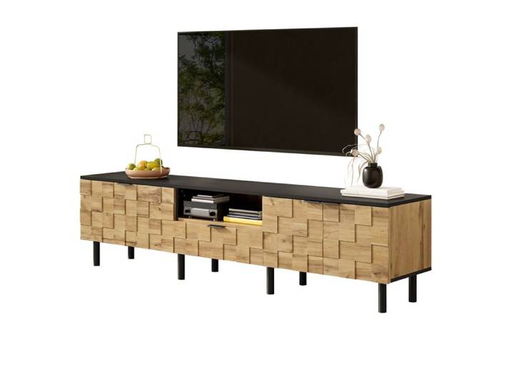 Meuble TV mosaïque - panneau bas TV - 2 portes avec tiroirs - commode multimédia pour salon - aspect bois - compartiments ouverts