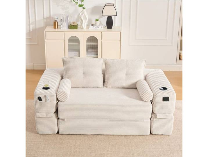 Canape Convertible 2 Places Tissu Cotele Beige Banquette Modulaire FloraGrace Pour Salon Sans Outils 180x98x80cm