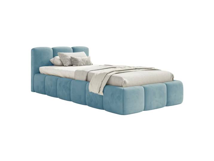 Lit rembourré 90x200 avec coffre, velours bleu clair