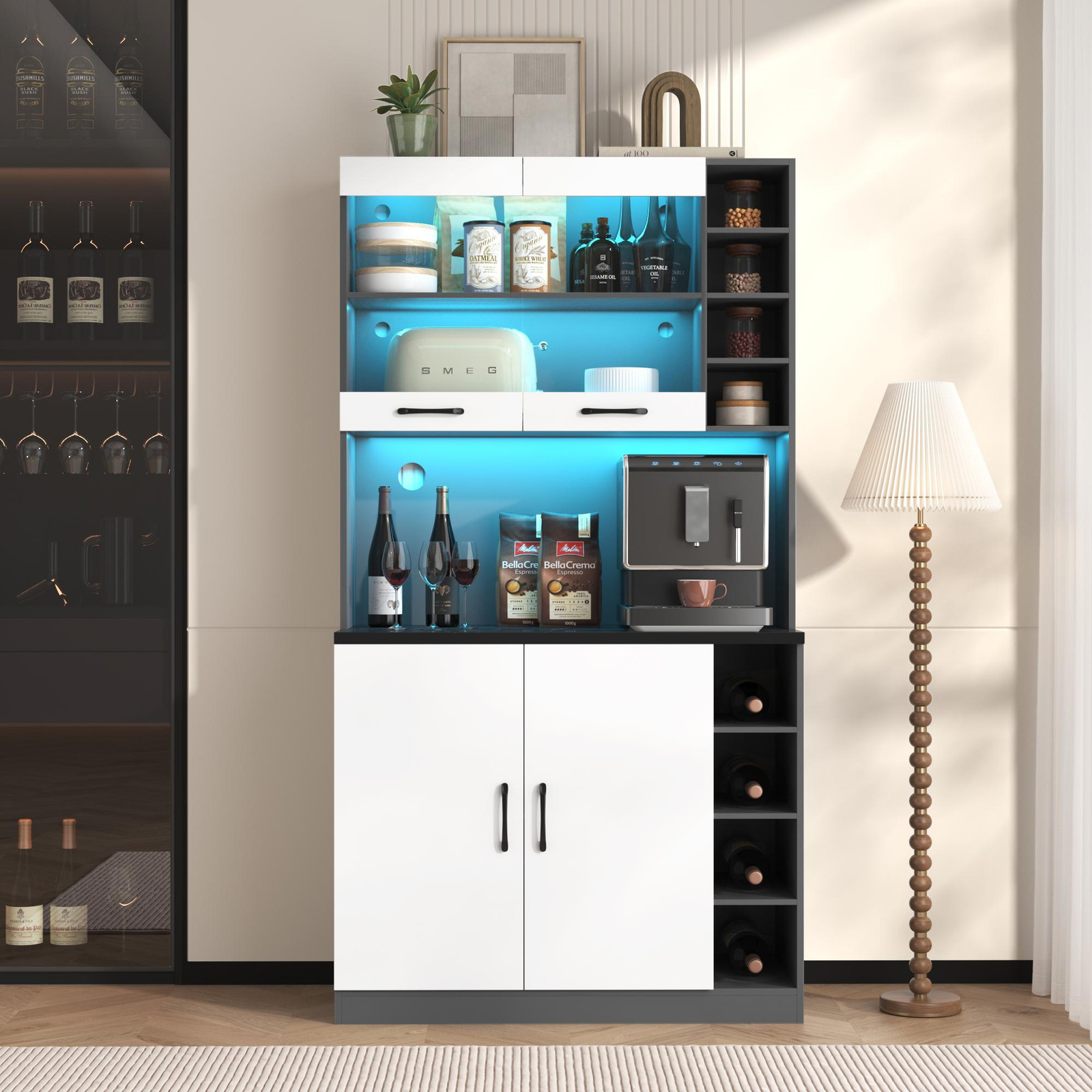 Flieks Keukenbuffet met LED-verlichting en open opbergvakken, Wit, Hoogte: 187 cm