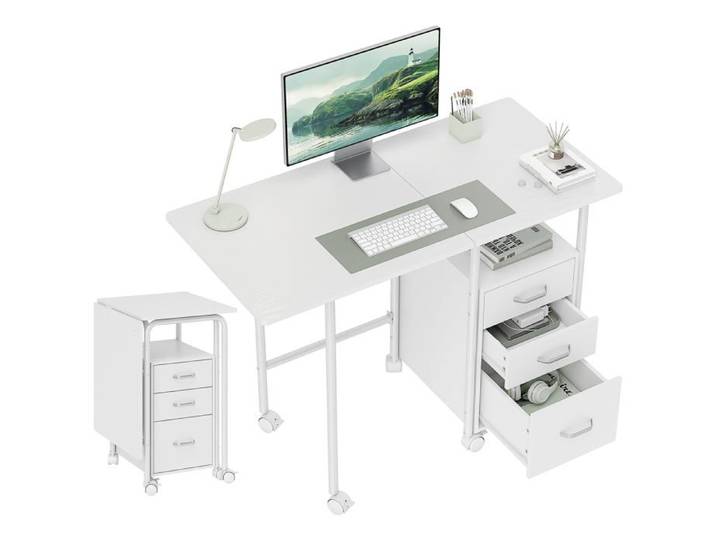 Bureau Pliable sur roulettes avec 3 Tiroirs 105x51x75 5cm Blanc BUREAU