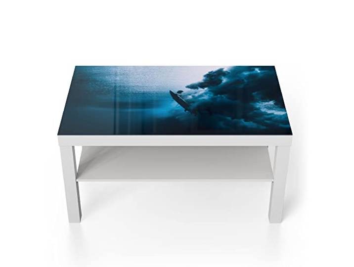 DEQORI Glastisch weiß groß 90x50 cm Motiv Surfer taucht Unterwasser ausgefallener Beistelltisch aus Glas Hochglanz Couchtisch fürs Wohnzimmer moderner Couch Tisch mit Design