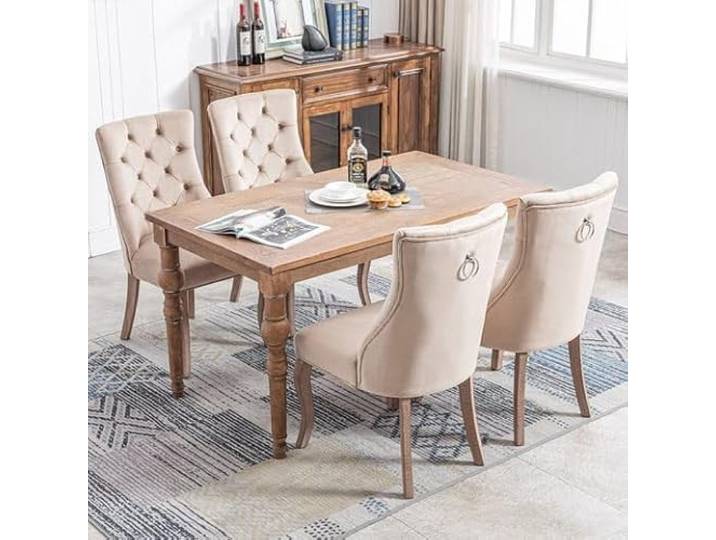 Moimhear 4-Fußstuhl, Stuhl Beige Samt Esszimmerstuhl,hohe Rückenlehne, mit Knopfsteppung, Gestell aus Massivholz, Beige (4)