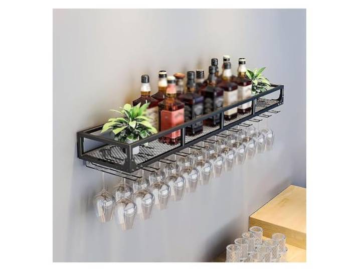 Failjierue Wandmontiertes Bar-Weinlager-Präsentationsregal mit Glashalter Weinflaschenhalter aus Metall, hängendes Weinglasregal für Küche, Esszimmer(Black,100x25x16cm)