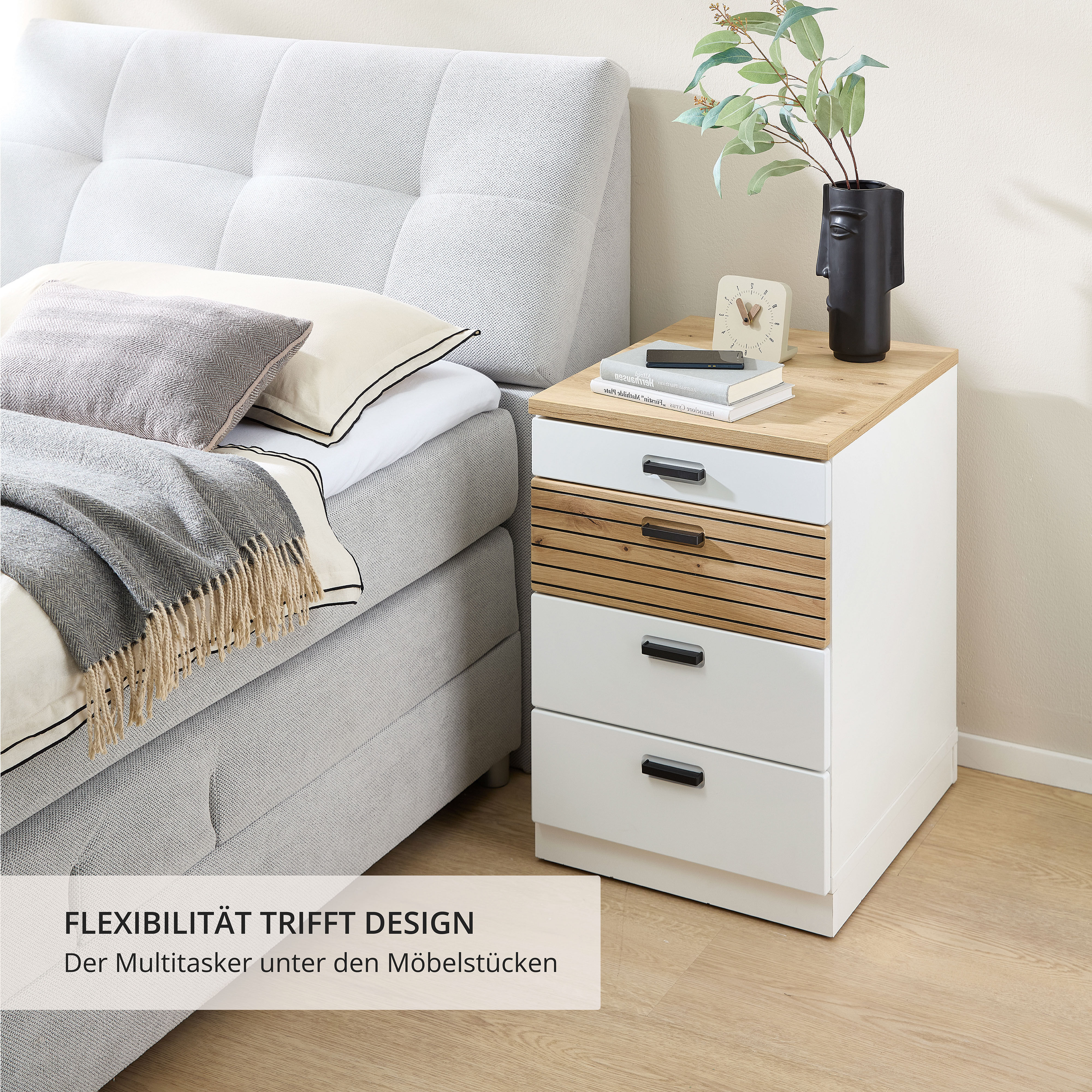 Rollcontainer INNOSTYLE "Rollcontainer Glenn, 45 x 66 x 55 cm (B/H/T)", weiß (weiß, artisan), B:45cm H:66cm T:55cm, Holzwerkstoff, Kunststoff, MDF, Rollwagen, Rollcontainer, inkl. Filzeinlage, 4 Rollen(2 mit Bremsen) oder Sockel, SK Soft-Close