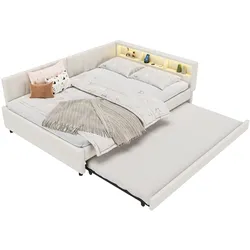 OKWISH Daybett 140x200 mit Ausziehbett, LED-Beleuchtung, USB-Ladefunktion, Schlafsofa mit Stauraum und Ablagefächern, multifunktionales Tagesbett Beige