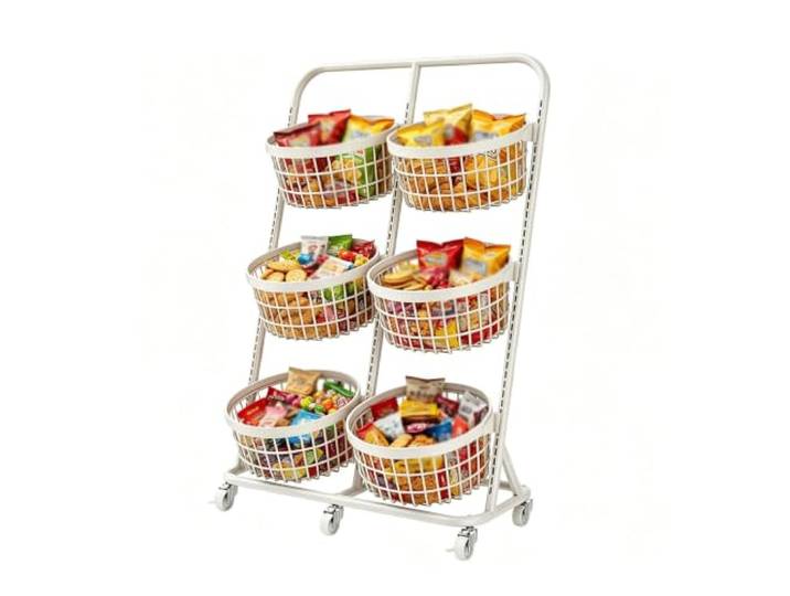 Dexinhdh Snack-Organizer-Ständer, Obstkorb, Gemüseständer mit Rollen Metall-Verkaufsregale für Laden, Supermarkt, Küche, Wohnzimmer, Schlafzimmer(White,C)